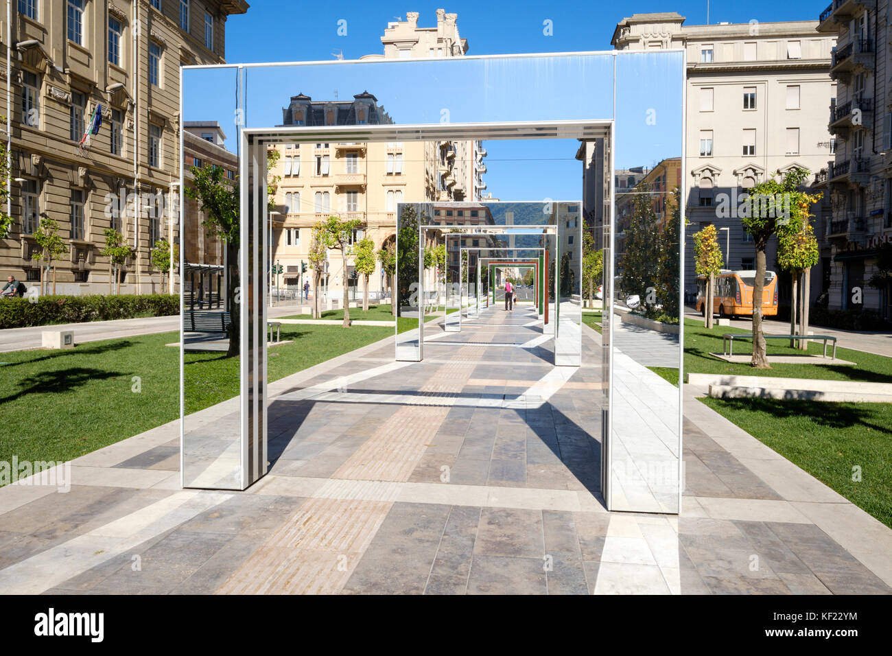 Mirror Structures by Daniel Buren on Piazza Verdi in La Spezia, Liguria, Italy Stock Photo