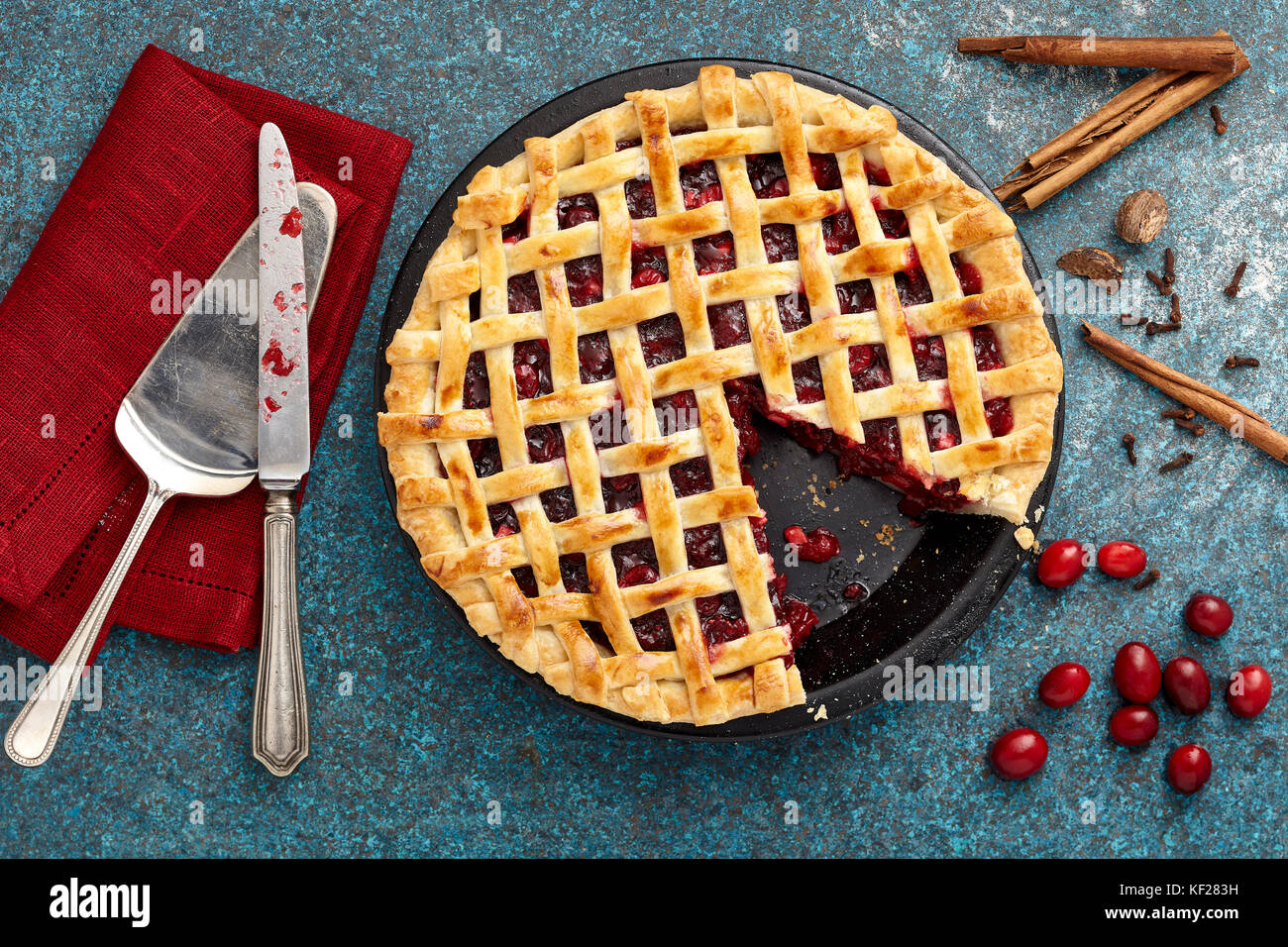 Mulled wine cranberry apple lattice pie Stock Photo