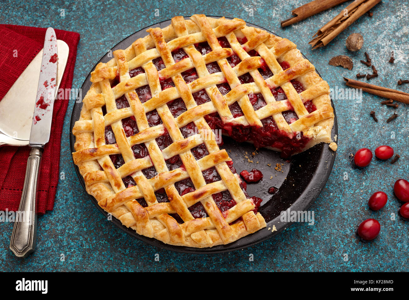 Mulled wine cranberry apple lattice pie Stock Photo
