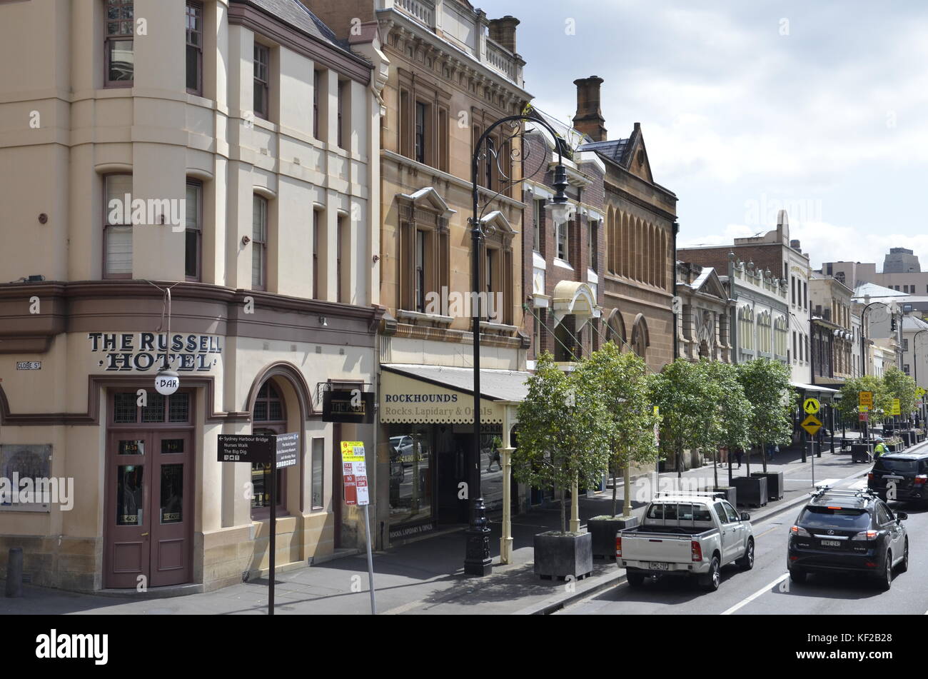 The northern end of Street in Sydney's Rocks area with the Russell Hotel in the The northern end of Street in Sydney's Rocks area with the Russell Hotel in the