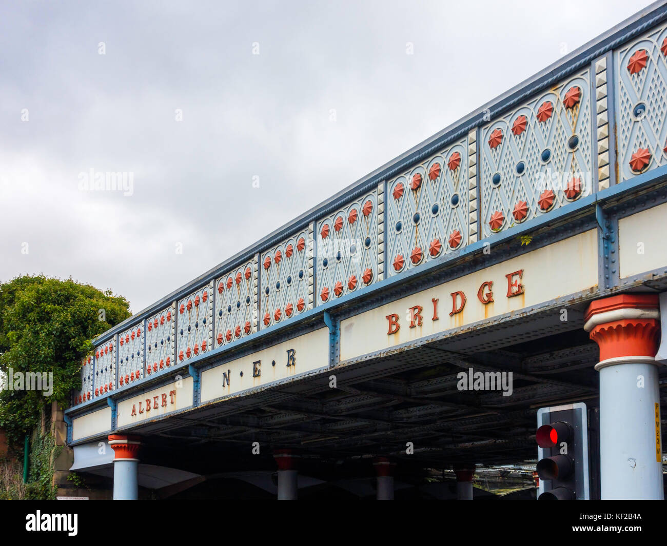 Decorated cast iron fascia of  the NER Victorian Albert Bridge at Middlesbrough railway train station Stock Photo