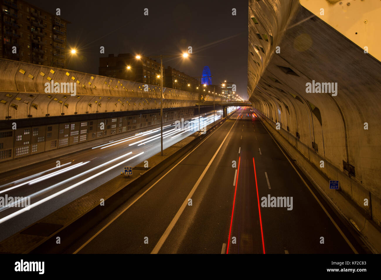 A long exposure of cars travelling up and down Gran Via de les Corts Catalanes in Barcelona at night. Stock Photo