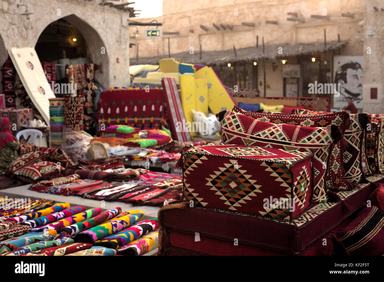 SOUQ WAQIF, DOHA, QATAR - OCTOBER 23, 2017: Textiles on sale in Souq Waqif in Qatar, Arabia. Stock Photo