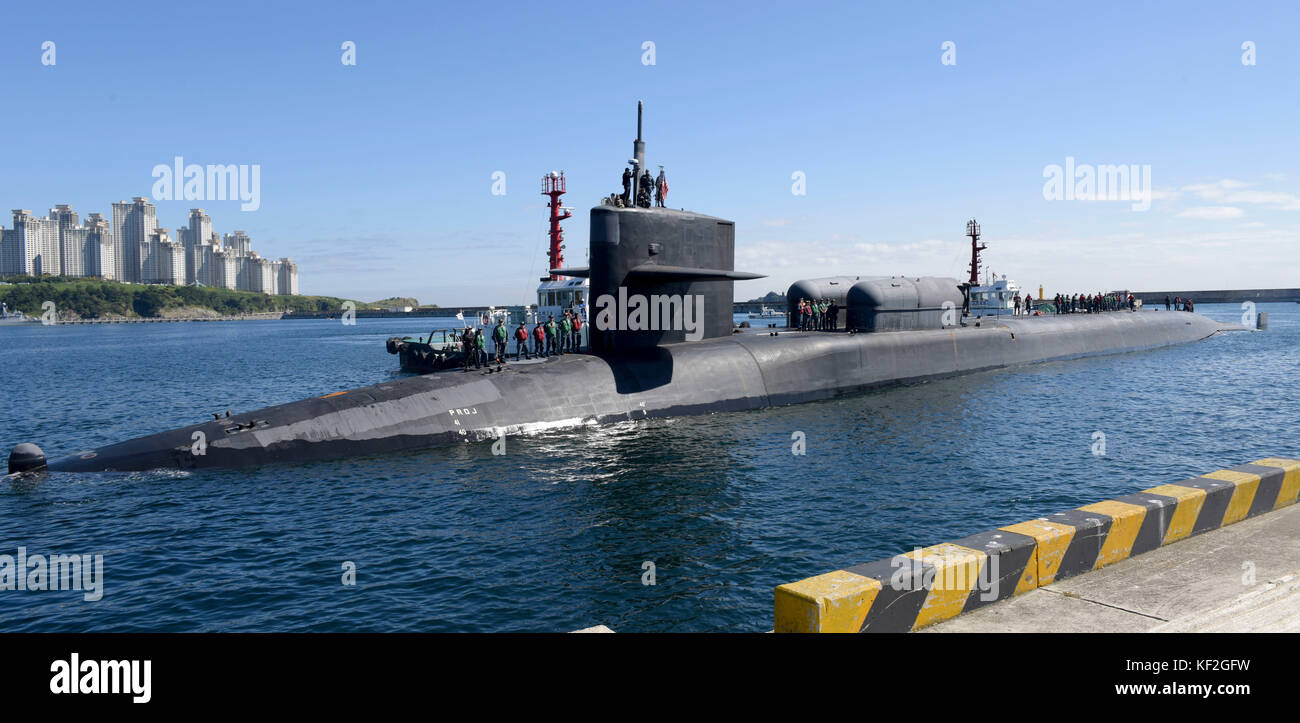 The U.S. Navy Ohio-class guided-missile submarine USS Michigan arrives at the Busan Naval Base October 13, 2017 in Busan, Republic of Korea. Stock Photo