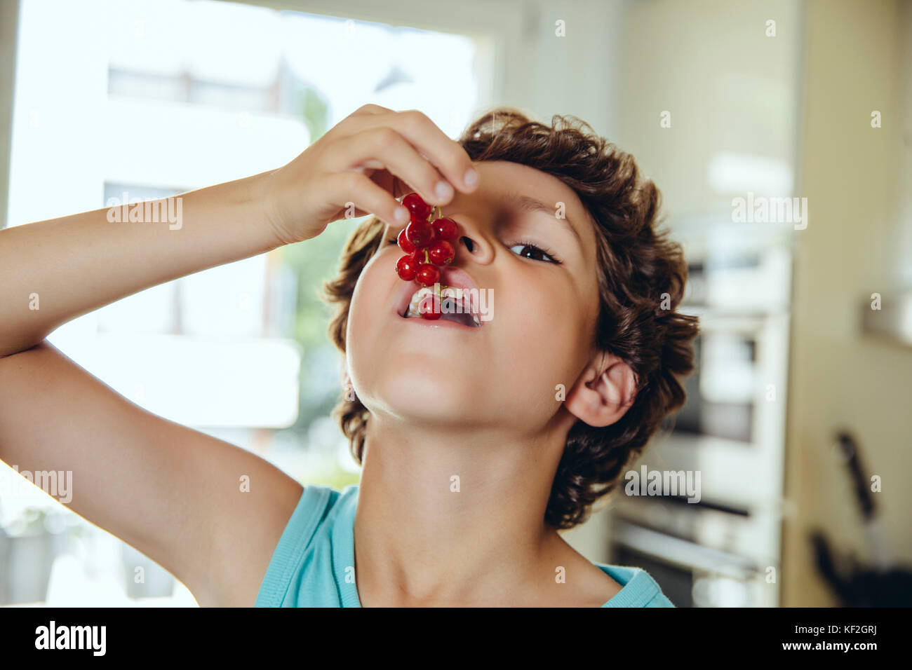 Boy tasting redcurrants Stock Photo