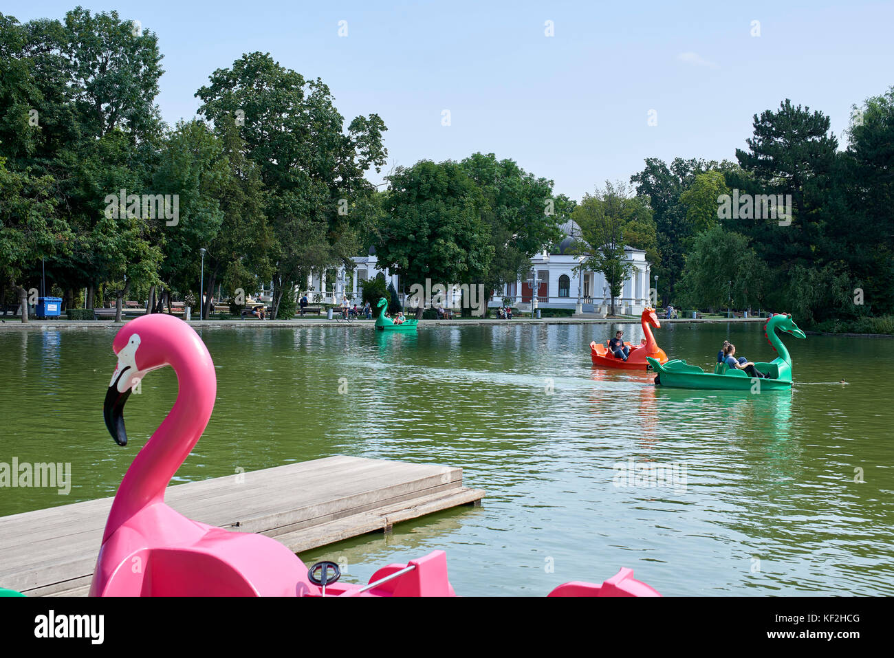 Pedal boats on Lake Chios in summer in Central Park Cluj Stock Photo