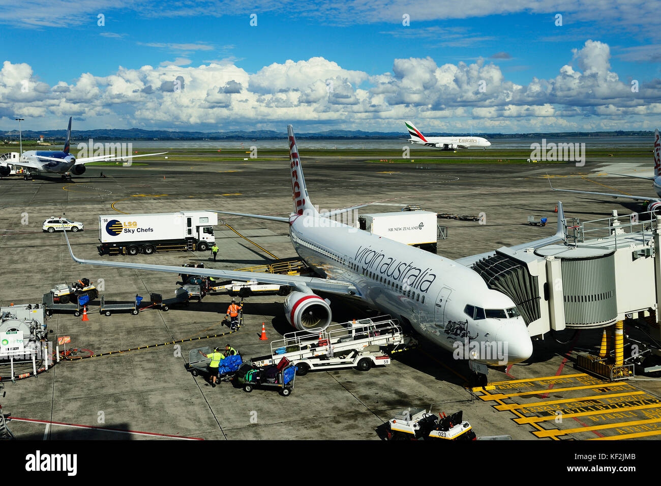 Plane Virgiin Australia on taxiway, airport, Auckland, New Zealand Stock Photo