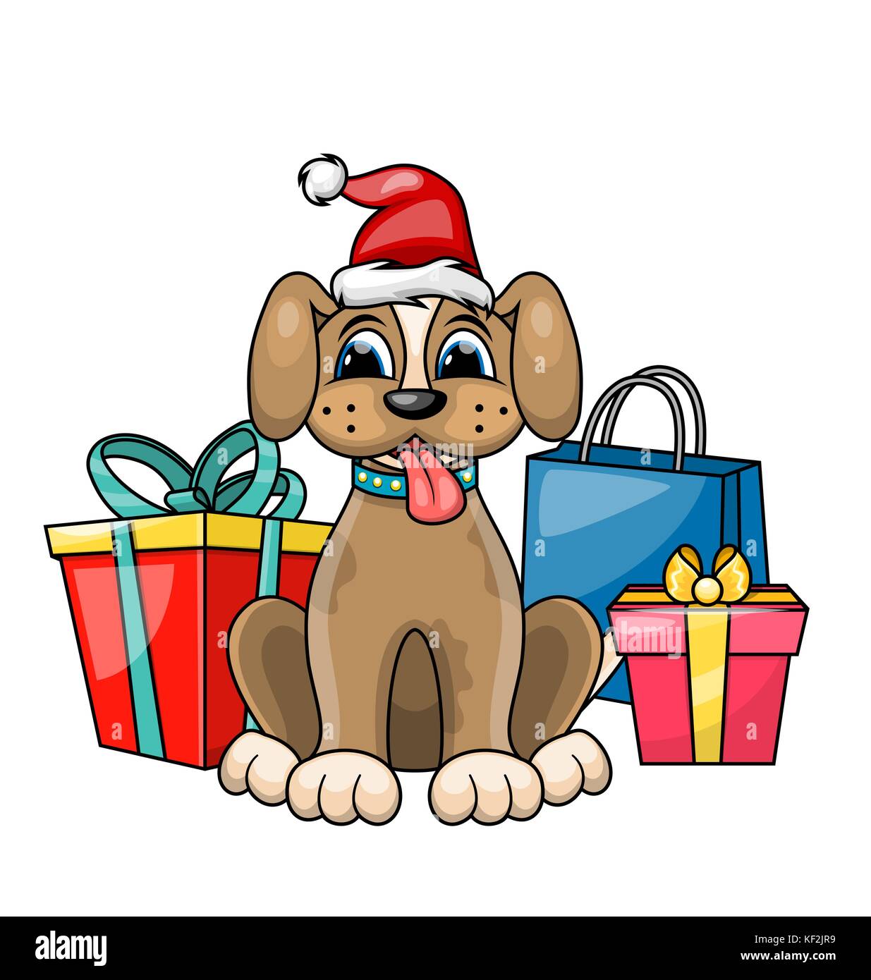 Christmas Dog in Red Santa Hat with Gift Boxes, Presents. Character Poopy  Stock Vector Image & Art - Alamy