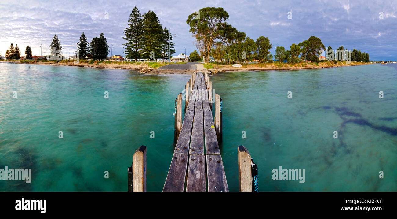 Panorama of Palm Beach foreshore at Rockingham taken from wooden jetty at boat ramp Stock Photo