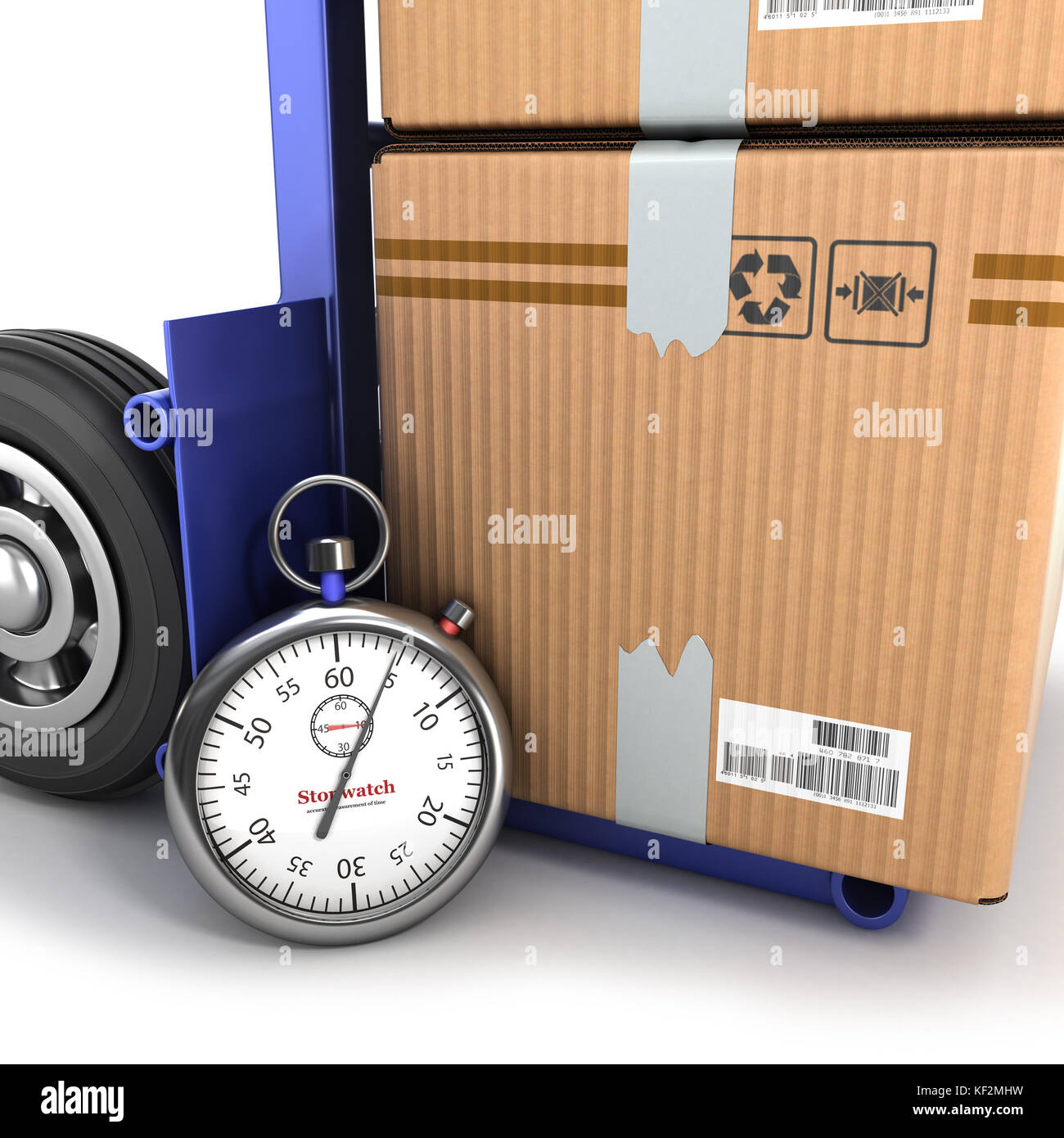 concept of fast delivery, the box on the truck and the stopwatch beside ...