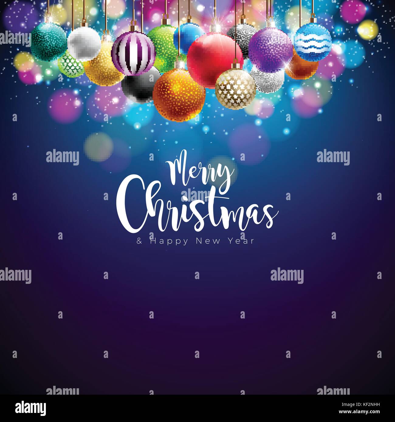 Vector Merry Christmas Illustration with Multicolor Ornamental Balls on ...