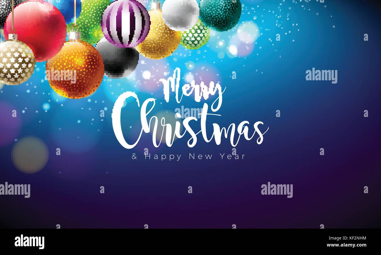 Vector Merry Christmas Illustration with Multicolor Ornamental Balls on ...