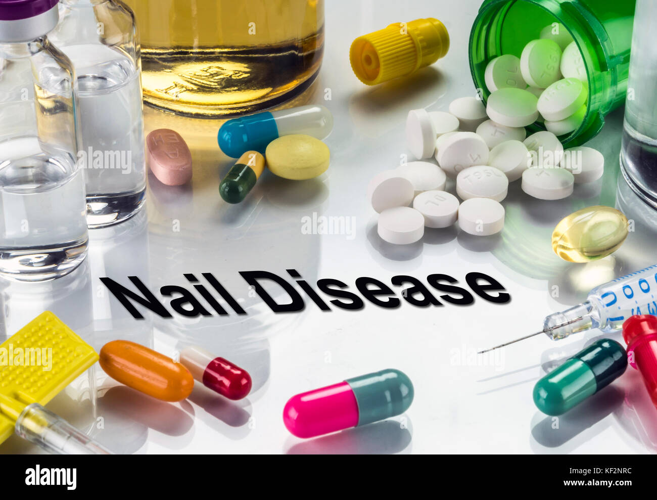 Nail disease, medicines as concept of ordinary treatment, conceptual image Stock Photo