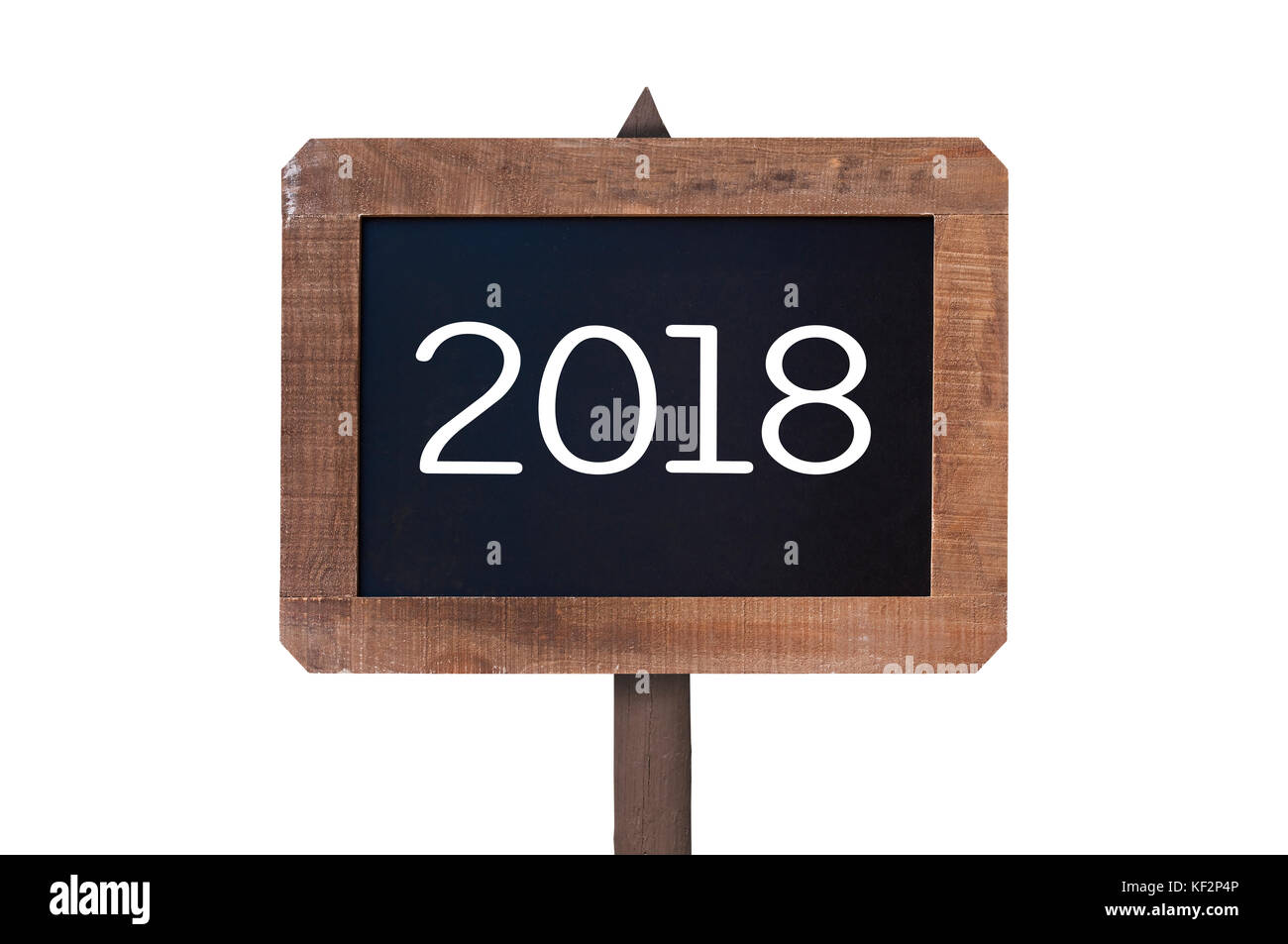 2018 written on a vintage wooden post sign isolated on white background Stock Photo