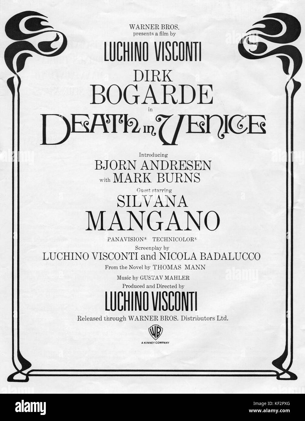 Film programme for ' Death in Venice ' (Morte a Venezia) 1971. Reads: ' Warner Bros. presents a film by Luchino Visconti with Dirk Bogarde in Death in Venice, introducing Bjorn Andresen and Mark Burns. Guest Starring Silvana Mangano. Screenplay by Luchino Visconti and Nicola Badalucco. From the novel by Thomas Mann. Music by Gustav Mahler. Produced and directed by Luchino Visconti. ' LV: 2 November 1906 - 17 March 1976, Italian screenwriter, theatre, opera, and cinema director. Stock Photo