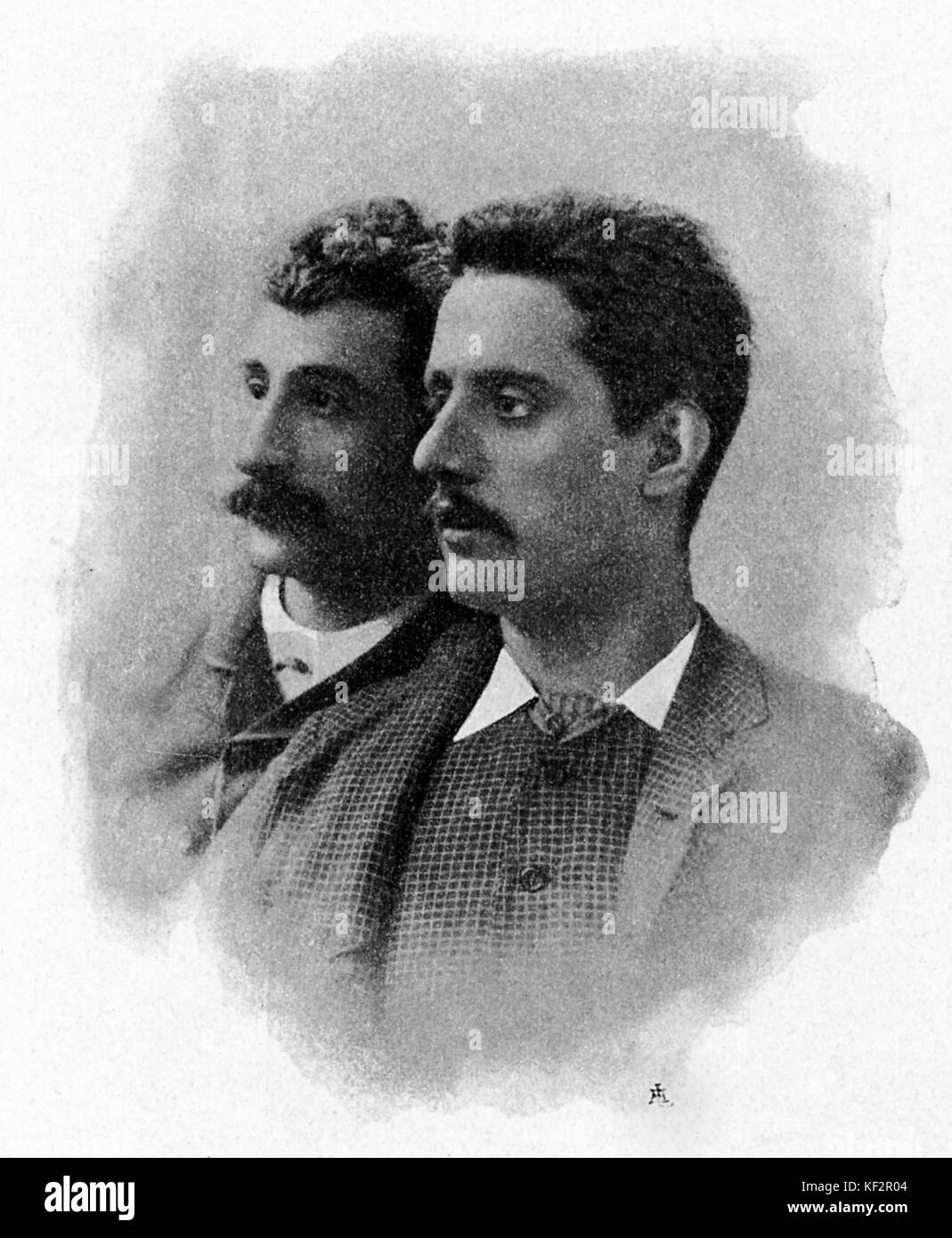 Giacomo Puccini & Ferdinando Fontana, from a photograph, 1884. GP: Italian composer, 22 December 1858 - 29 November 1924.   FF: Italian writer, 30 January 1850 – 10 May 1919. Stock Photo