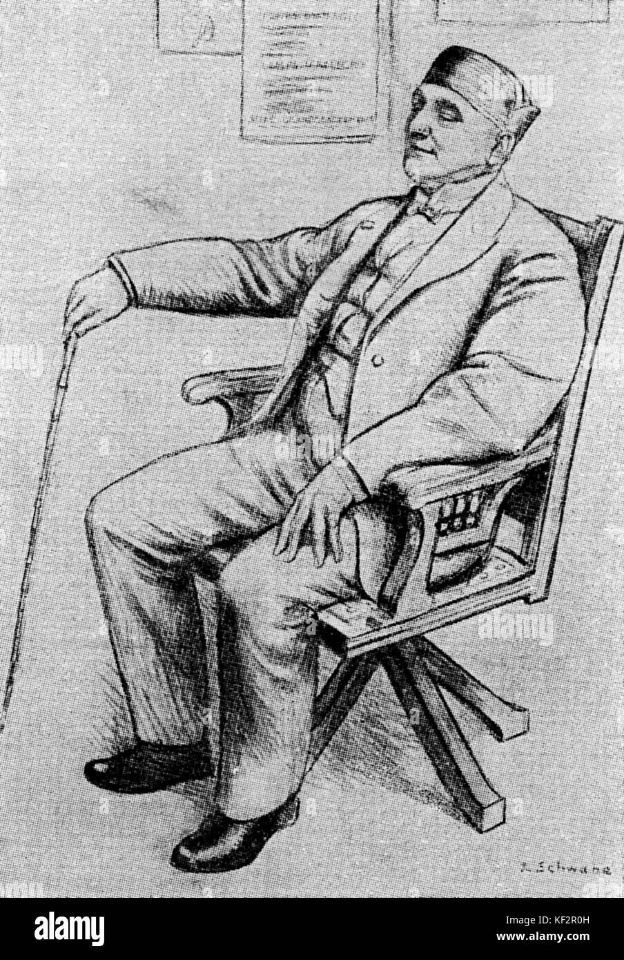 Maestro Enrico Cecchetti, seated and holding a cane. Worked as a ballet master and mime for Diaghilev 's Ballet Russes.  EC:  Italian ballet dancer, mime, founder of the Cecchetti method, 21 June 1850 – 13 November 1928. After original drawing by Swabe. Stock Photo