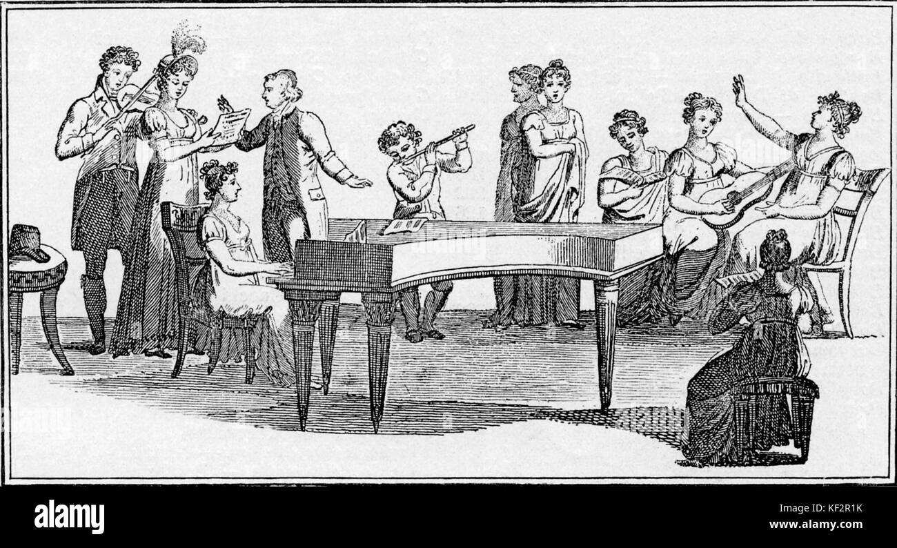 Classical chamber music ensemble: a first test of harpsichord. From an old print. Stock Photo