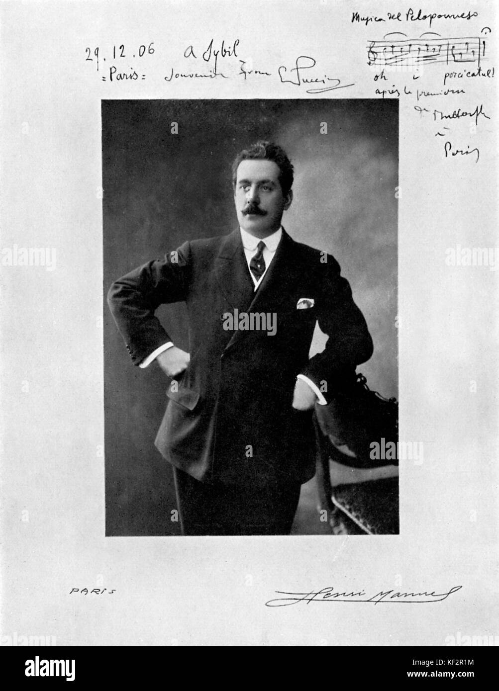 Giacomo Puccini - portrait of the Italian composer. Photograph taken after the 1906 premiere of Madama Butterfly in Paris. Photograph with notes on the side  GP: Italian composer: 22 December 1858 - 29 November 1924. Stock Photo