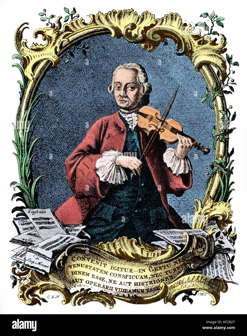 Leopold Mozart playing violin. German-born  Austrian Composer, 1719-1787. Colourised version. Stock Photo