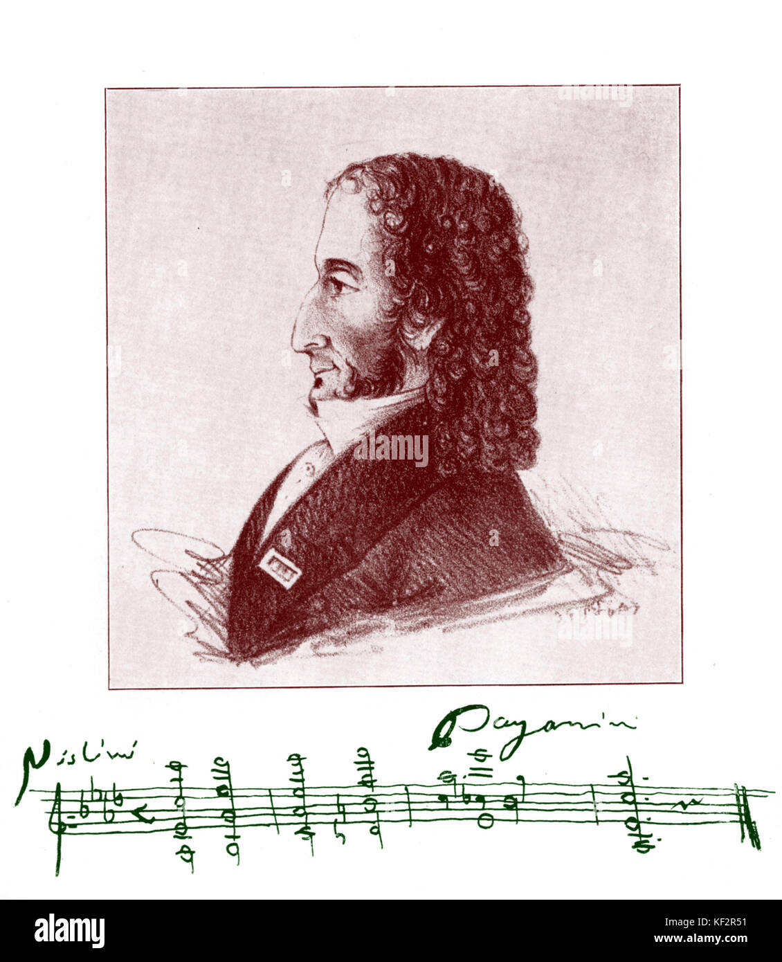 PAGANINI, Niccolo, caricature of head and autograph score. Italian violinist and composer 27 October 1782 - 27 May 1840. Stock Photo