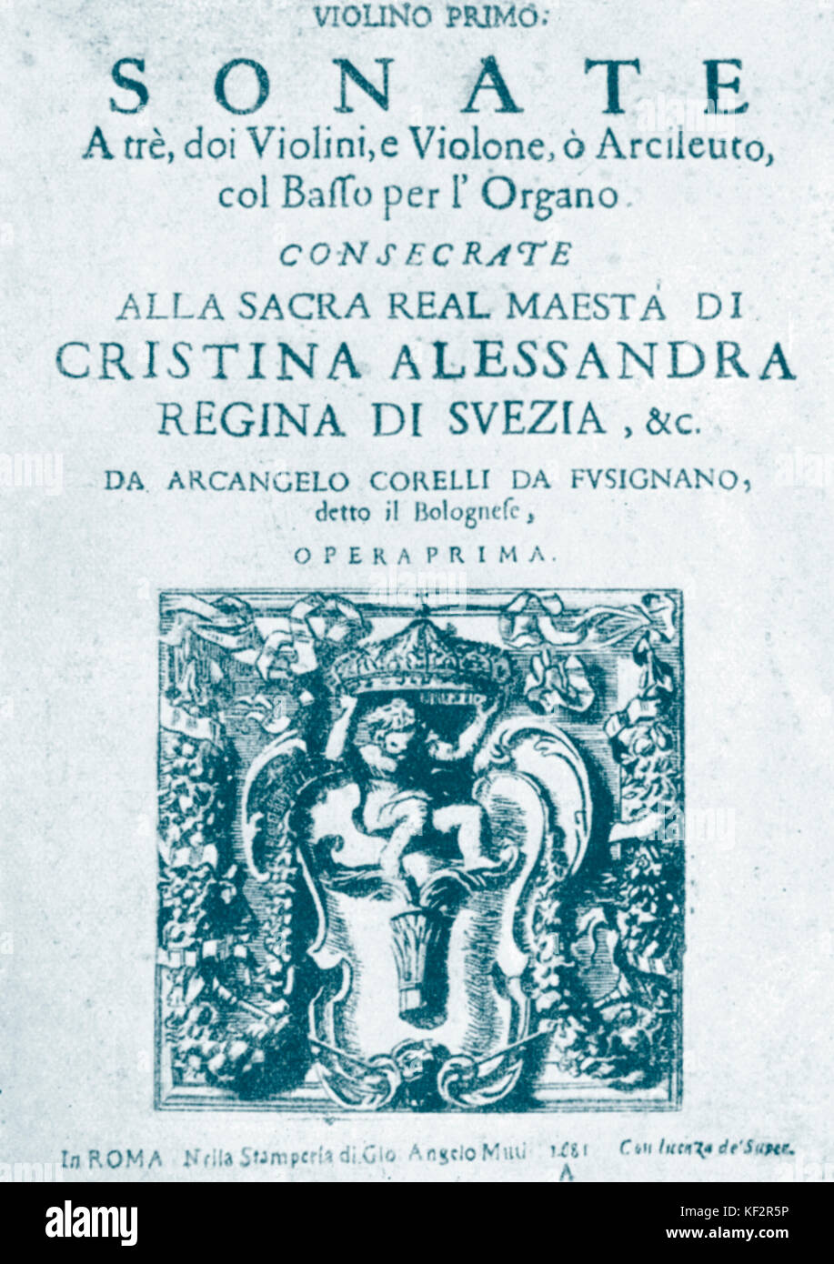 Arcangelo Corelli - title page of the Italian composer 's 'Trio Sonatas', Op.1, Rome 1681. 17 February 1653 - 8 January 1713. Stock Photo