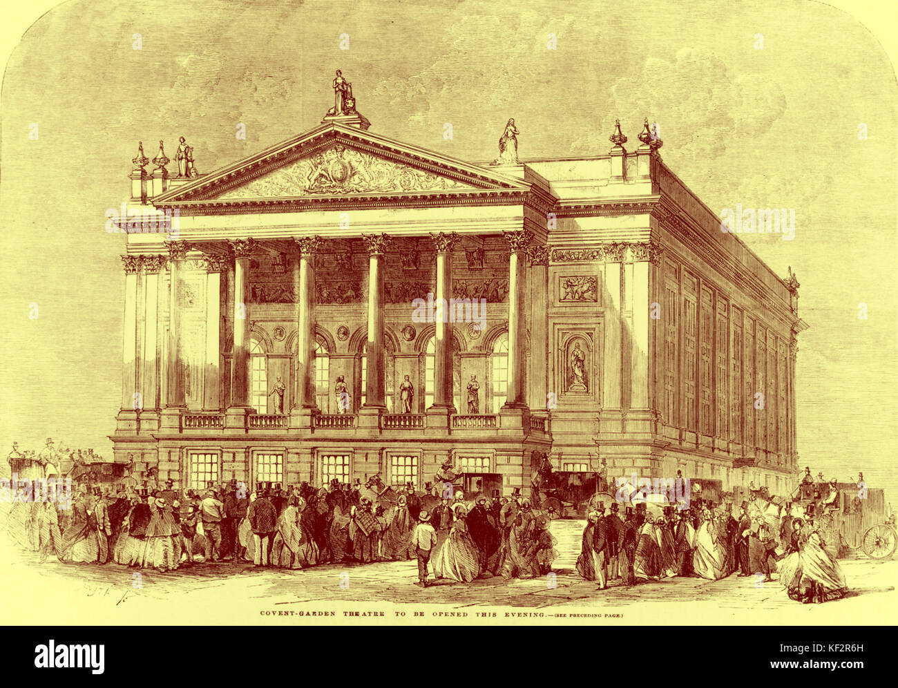 COVENT GARDEN exterior 1858 Caption reads: 'Covent Garden Theatre, to be opened this evening' Illustrated London News Stock Photo