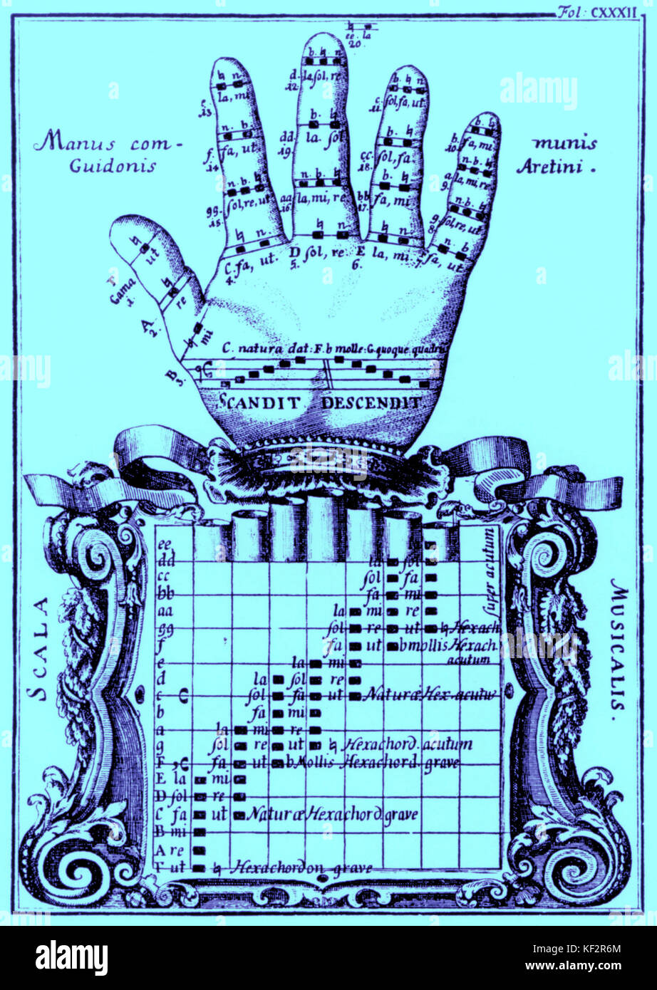 The Guidonian hand - Guido of Arezzo's device for showing the notes of the scale (Italian theorist, music teacher and Benedictine monk, b c.991-d after 1033).  The dotted line shows the order in which the notes are to be read. Stock Photo
