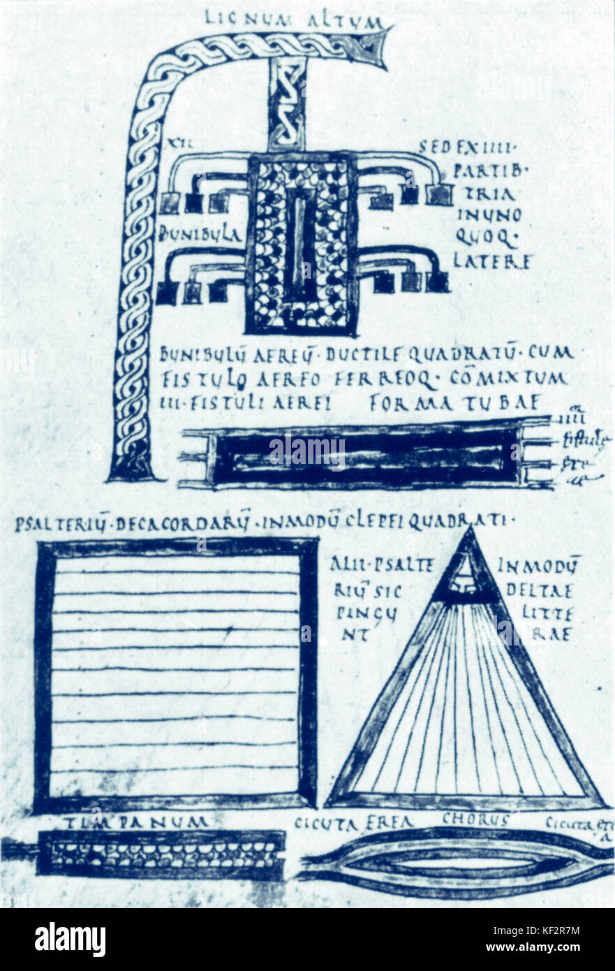 Anicius Manlius Severinus Boethius. Page from his treatise 'De Musica' showing various instruments, including 10 stringed psaltery. Roman philosopher and theorist (475-524). Stock Photo