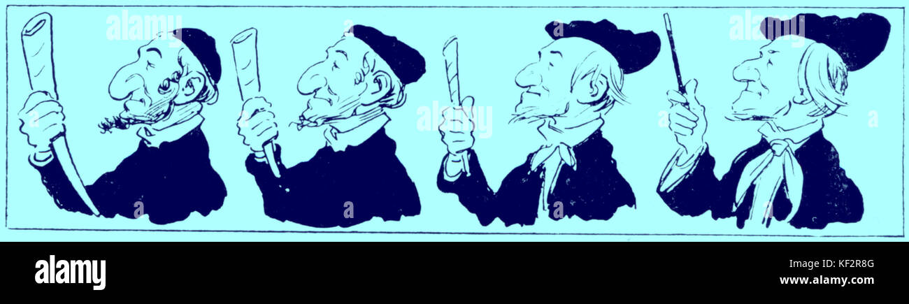 WAGNER, Richard - Caricature - Heading: ' Darwinian Theory of Evolution '. Caption: ' How Roof Wagele, Shofarblower in Leipzig, gradually turned into Richard Wagner ' Published in Floh, by Th. Zajacskowski..  German composer & author (1813-1883). Anti-semitism Stock Photo