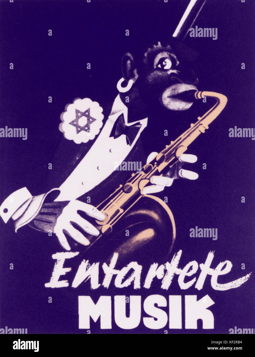 Nazi propaganda poster showing cartoon of black man playing saxophone.  From Dusseldorf Exhibition, 1938. Stock Photo