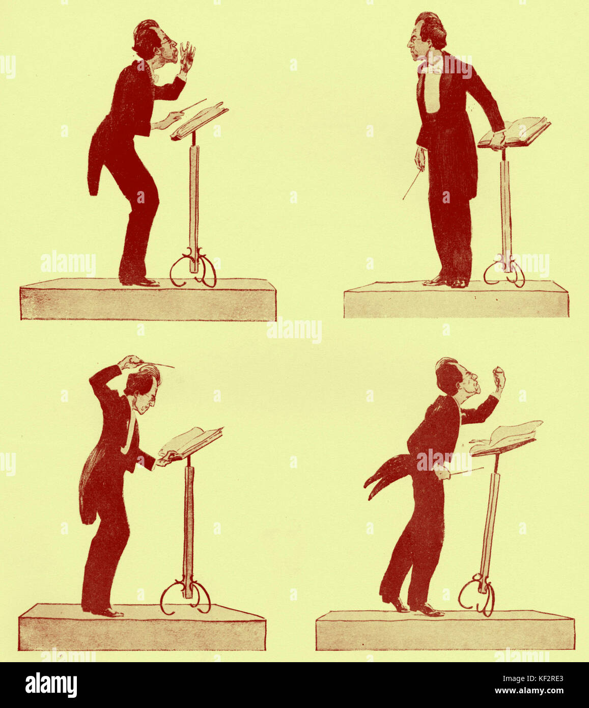 MAHLER, Gustav conducting-  in 4 poses caricature by Hans Boehler (Böhler)  Austrian composer, 1860-1911 Stock Photo