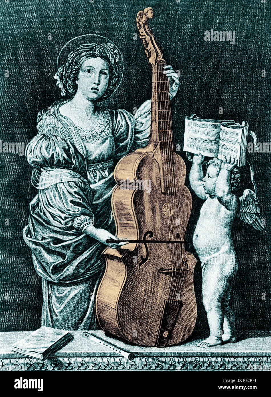 SAINT CECILIA - Playing the Viola 7 stringed viola da gamba.  Angel holding music part-book. Recorder on table. 17th century Painting.  Baroque Roman Martyr, Patron Saint of Music Stock Photo