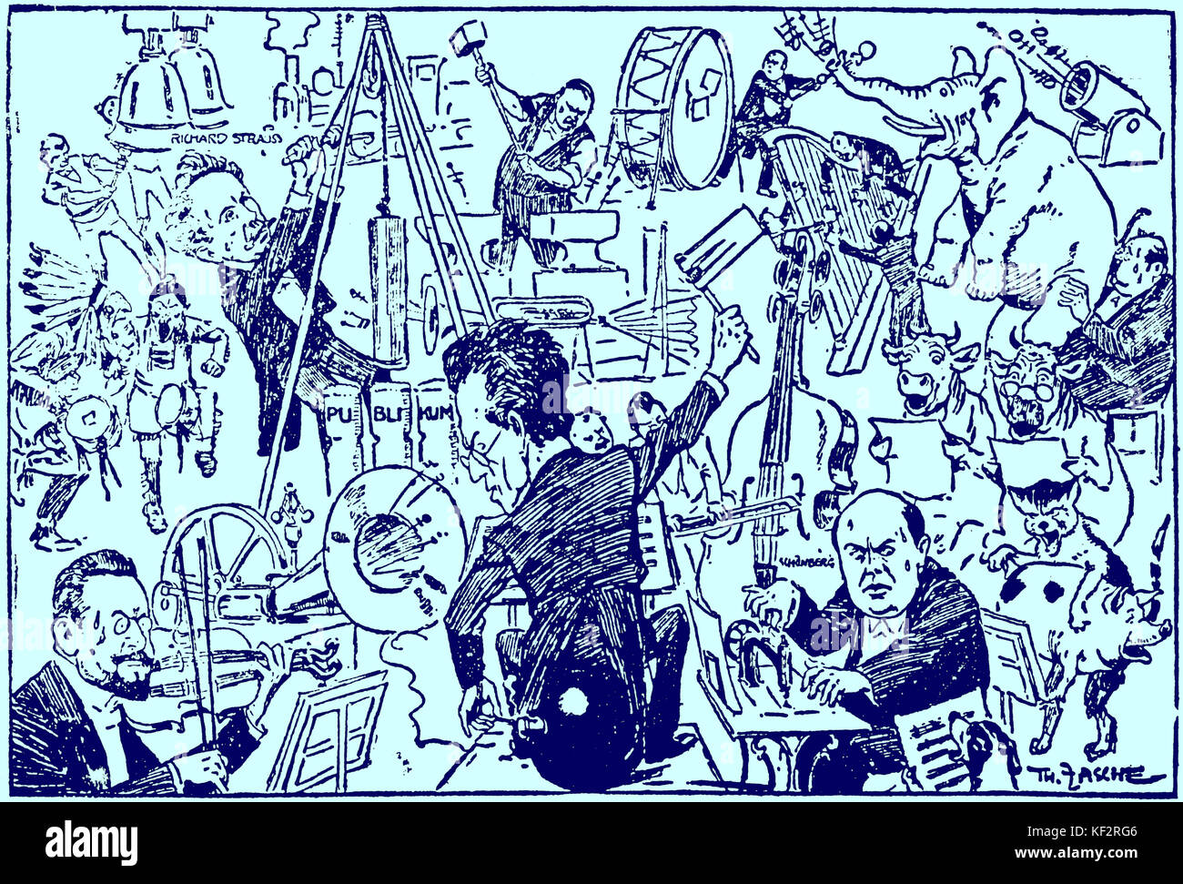 Gustav Mahler in caricature by Theo Zasche. 'The Modern Orchestra'. Austrian composer, 1860-1911.  Mahler, sitting on bomb, conducts with a rattle, Schoenberg works at a sewing machine, Strauss drops a heavy weight on the public, Arnold Rose (Mahler's brother-in-law) plays a double violin with two bows. 1st pub. 'Illustrierten Wierner Extrablatt', 31st March 1907. Stock Photo