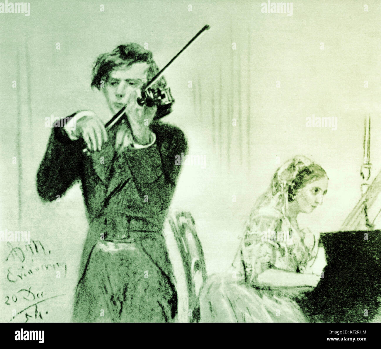 JOACHIM  Joseph playing violin and accompanying Clara Schumann on the piano.  Painting by Adolph Menzel, 1854.  Hungarian (Germanized) violinist. Violinist, composer, conductor       (1831-1907) Stock Photo
