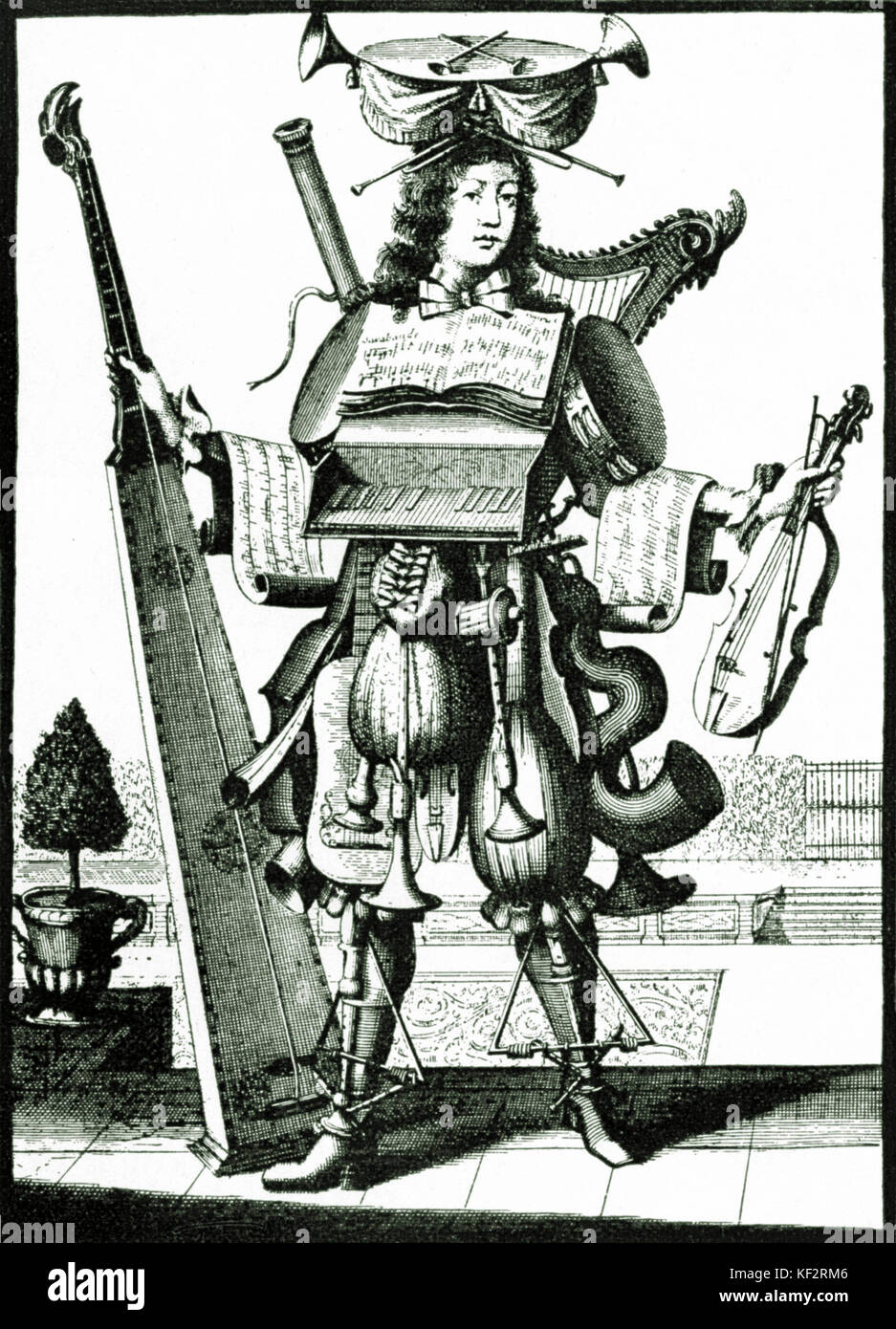 'Habit de Musicien' - Baroque Musician - parody of musician 's costume Early Baroque Musician in costume made up from instruments: Serpent; cornet; lute; violin; tromba marina; triangle; pochette; harp; bassoon etc Stock Photo