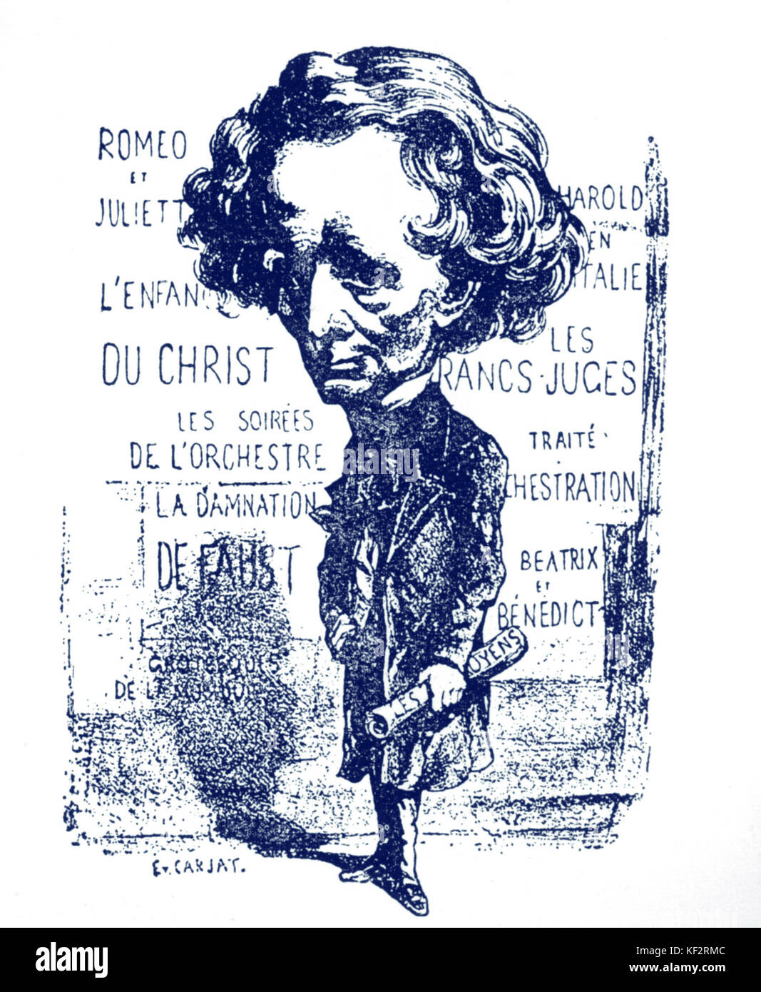 Berlioz caricature by Carjat. Titles of his works in the background. French composer, 1803-1869. Stock Photo