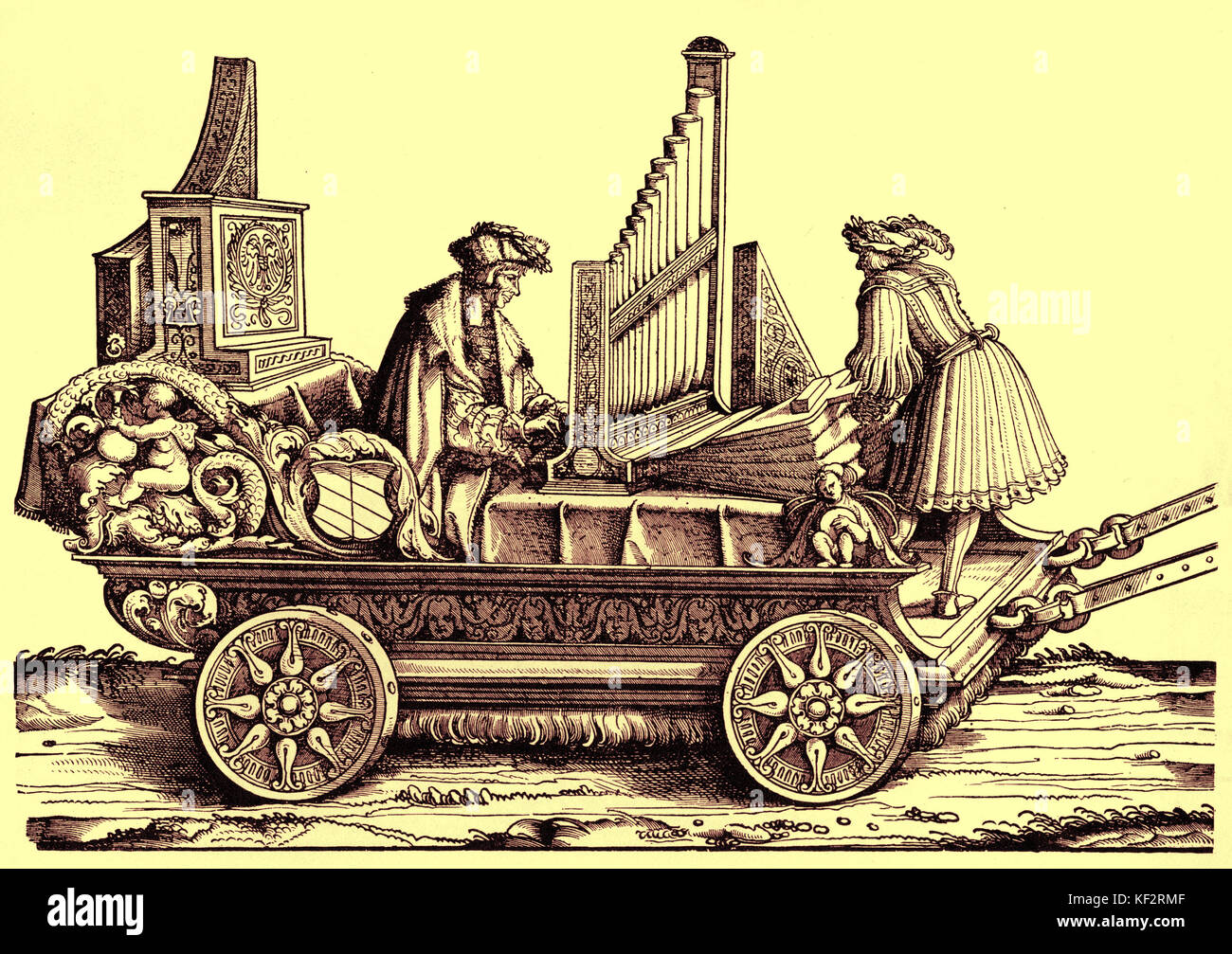 Portative organ - Court Organist Hofhaimer playing keyboard, the other pumping bellows- at the same it is on wheels and is being transported in a procession. Detail from 'The Triumph of Maximilian', by Burgkmair, c1515 . (Regal & Organ case, at back of wagon ) Stock Photo