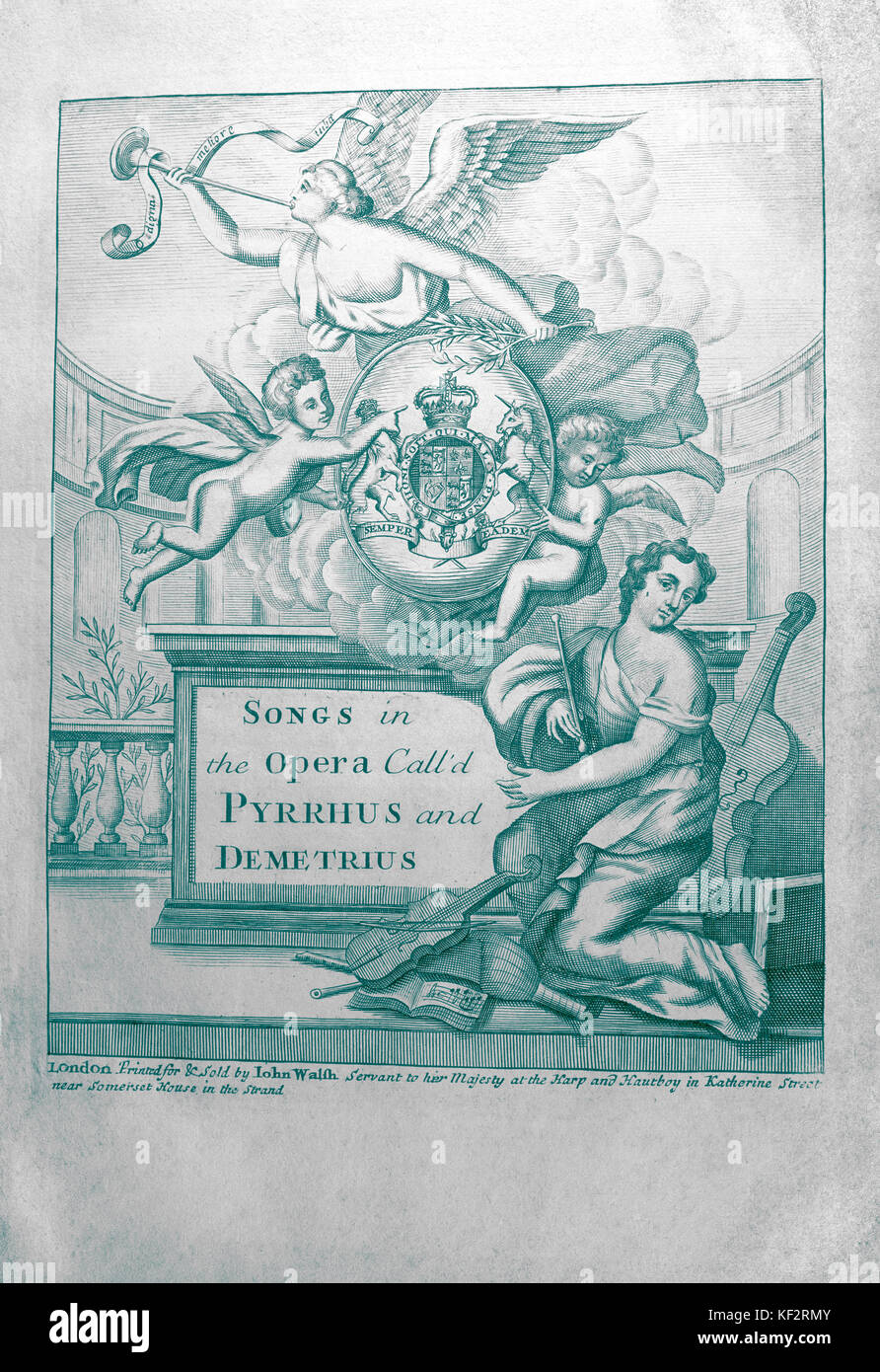 Alessandro Scarlatti ' s opera Pirro e Demitrio - 18th century first English edition. Illustrated titlepage of English translation (Pyrrhus & Demetrius) of songs.  Italian composer 2 May 1660 - 22 October 1725. Baroque cello. Angel playing trumpet Stock Photo