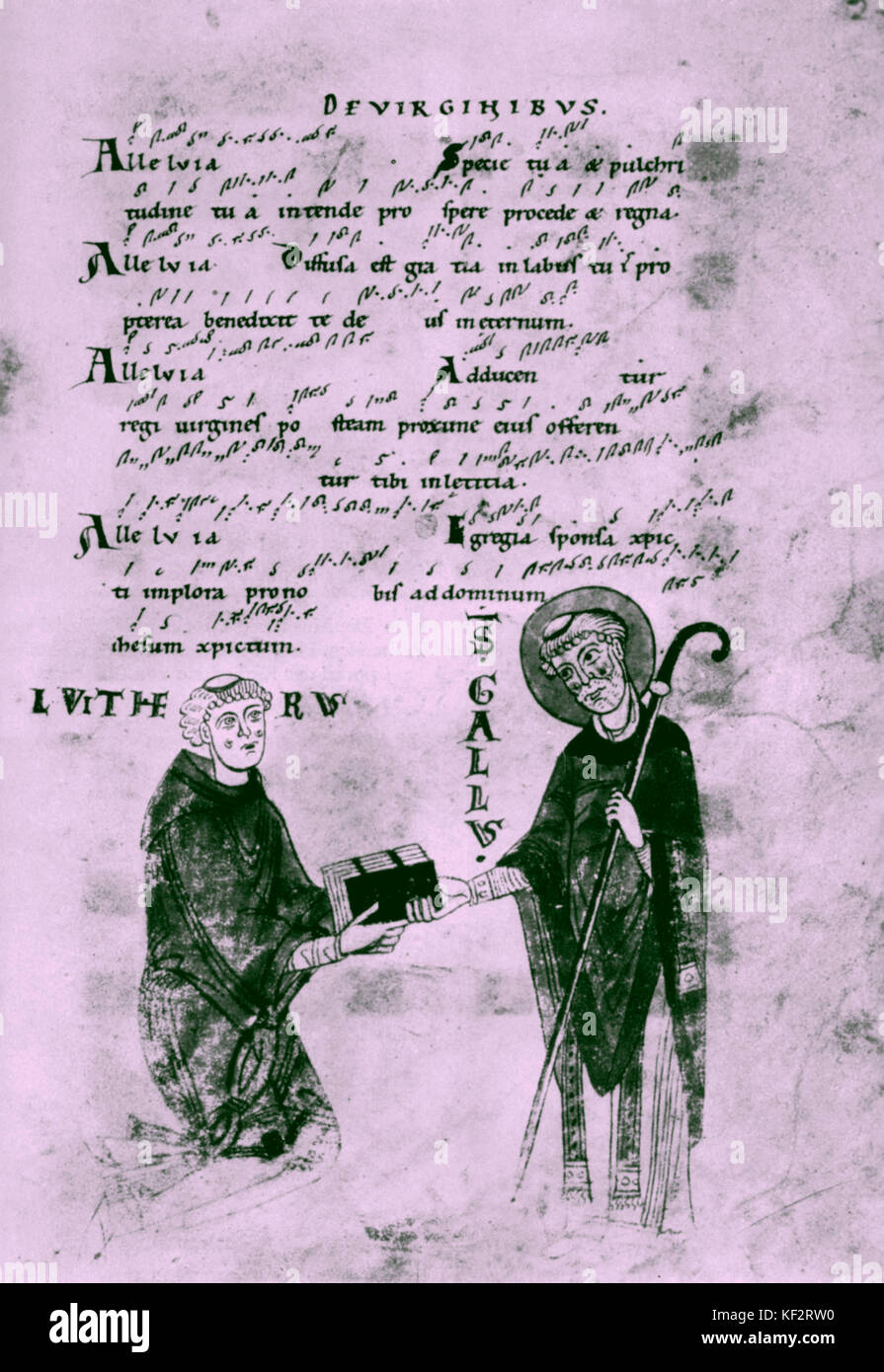 GREGORIAN  Music score from 12th century with neume (sign in plainsong indicating note or group of notes to be sung to a syllable) Illustration of the monk Luther giving the Mass to Saint Gallus. From St Gallen library. Stock Photo