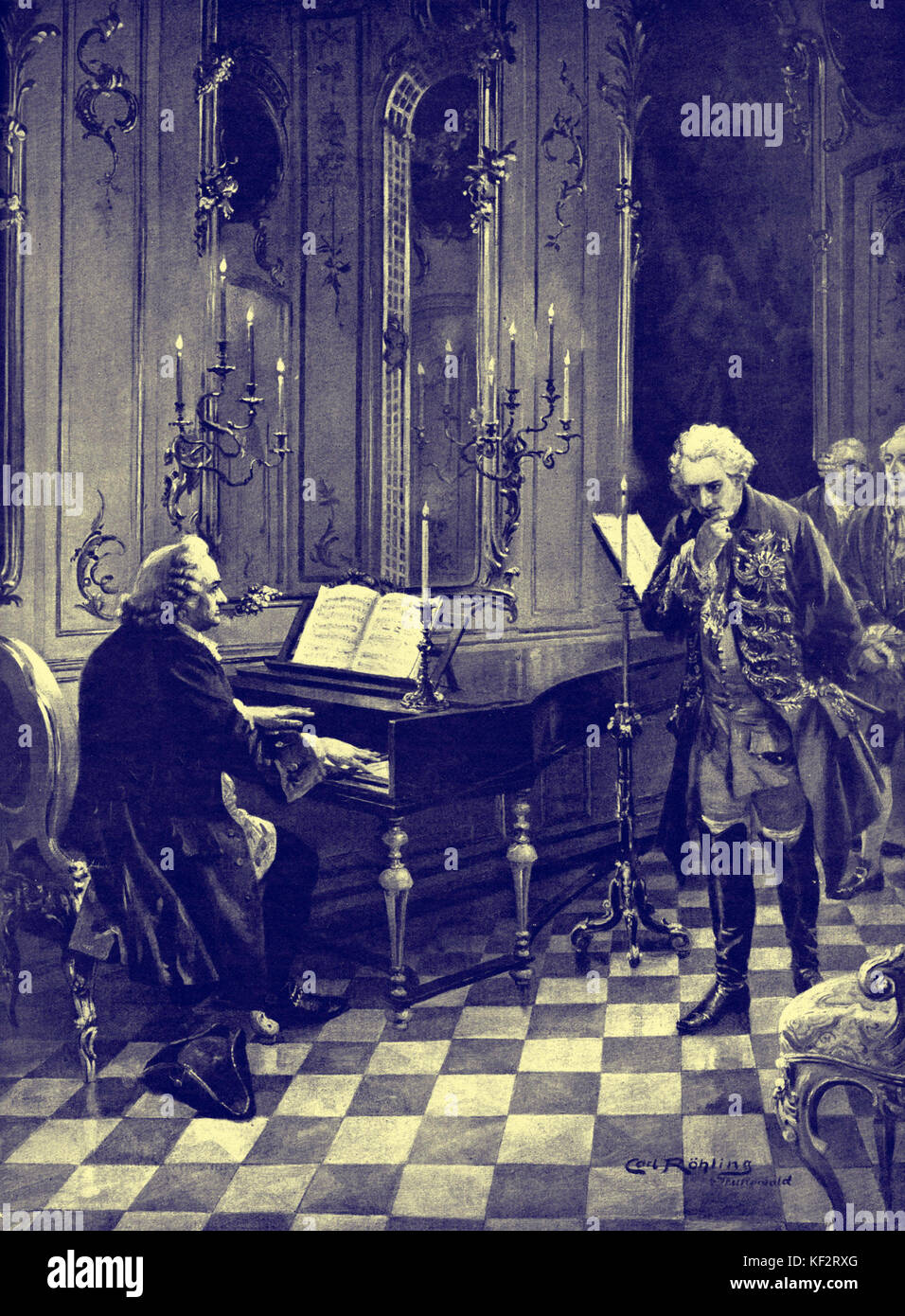 Johann Sebastian Bach playing in front of Frederick the Great at Potsdam by Carl Röhling.  German composer & organist, 1685-1750. Stock Photo