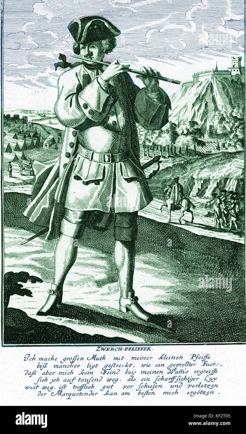 Baroque musician playing German Flute (Zwerchpfeiffe) Engraving by J C