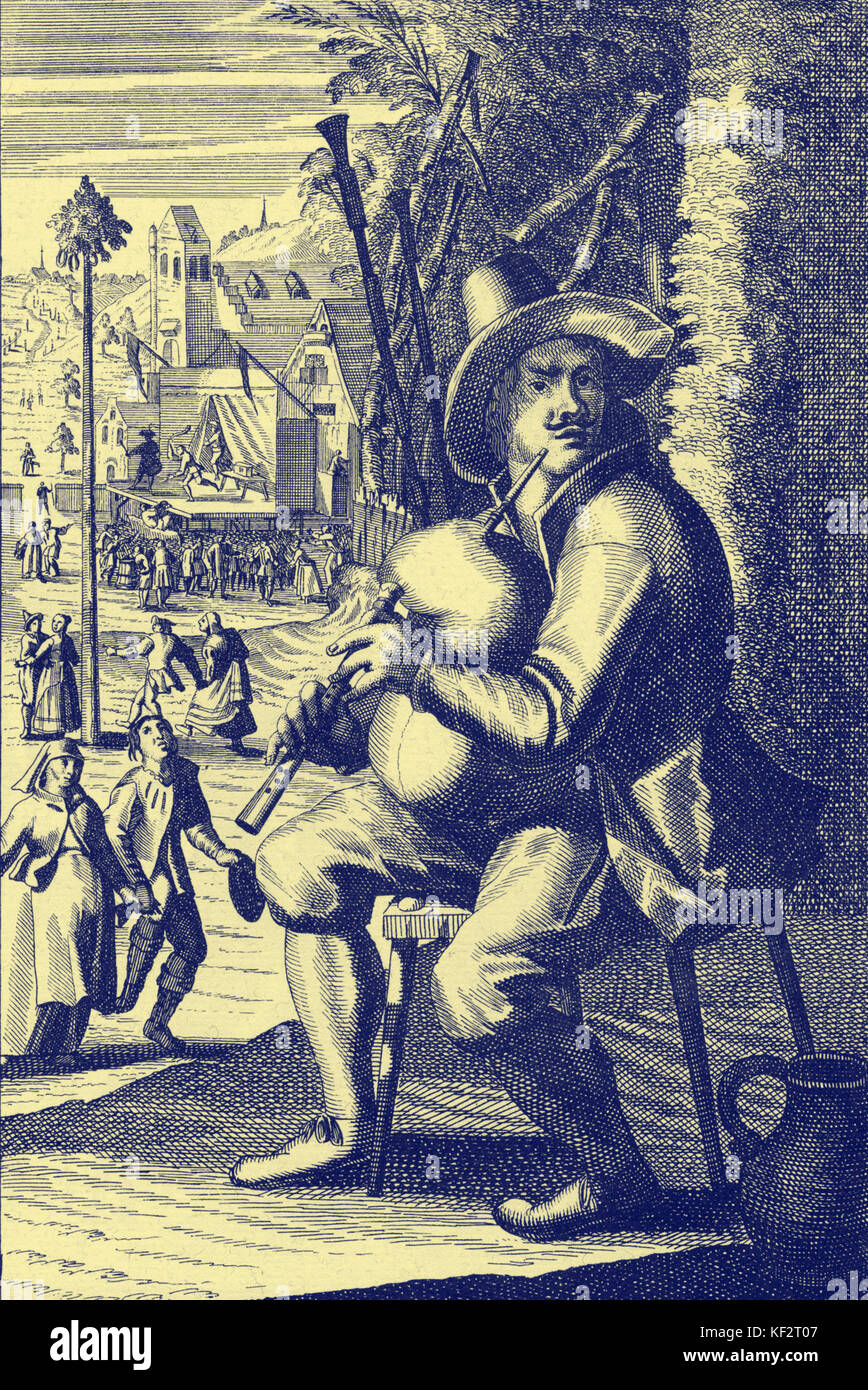 Early 18th century engraving of man with bagpipes. Engraving by J C Weigel (1661-1726). Bagpipe / bagpiper Stock Photo
