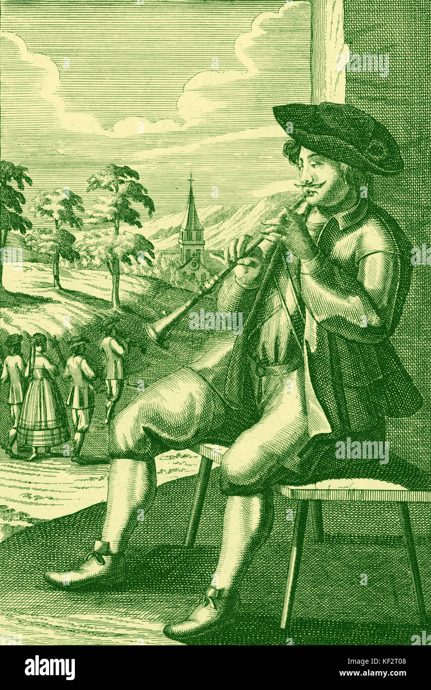 Early 18th century engraving of man with shawm. Engraving by J C Weigel (1661-1726). Early woodwind instrument, forerunner of oboe. Stock Photo