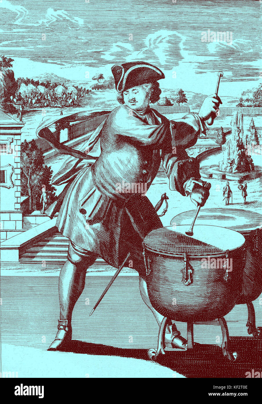 Baroque kettle drum / timpani player engraving by J C Weigel from