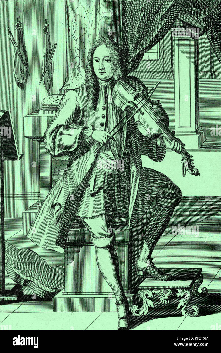 Musician playing viola da braccia. Engraving by J.C. Weigel (1661-1726) from 'Musikalisches Theatrum'. Man playing described as ' Violist oder Bratschist '. Stock Photo
