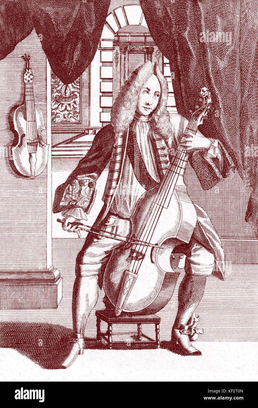 Man playing viola da gamba. Engraving by J.C. Weigel (1661-1726) from 'Musikalisches Theatrum'. Stock Photo