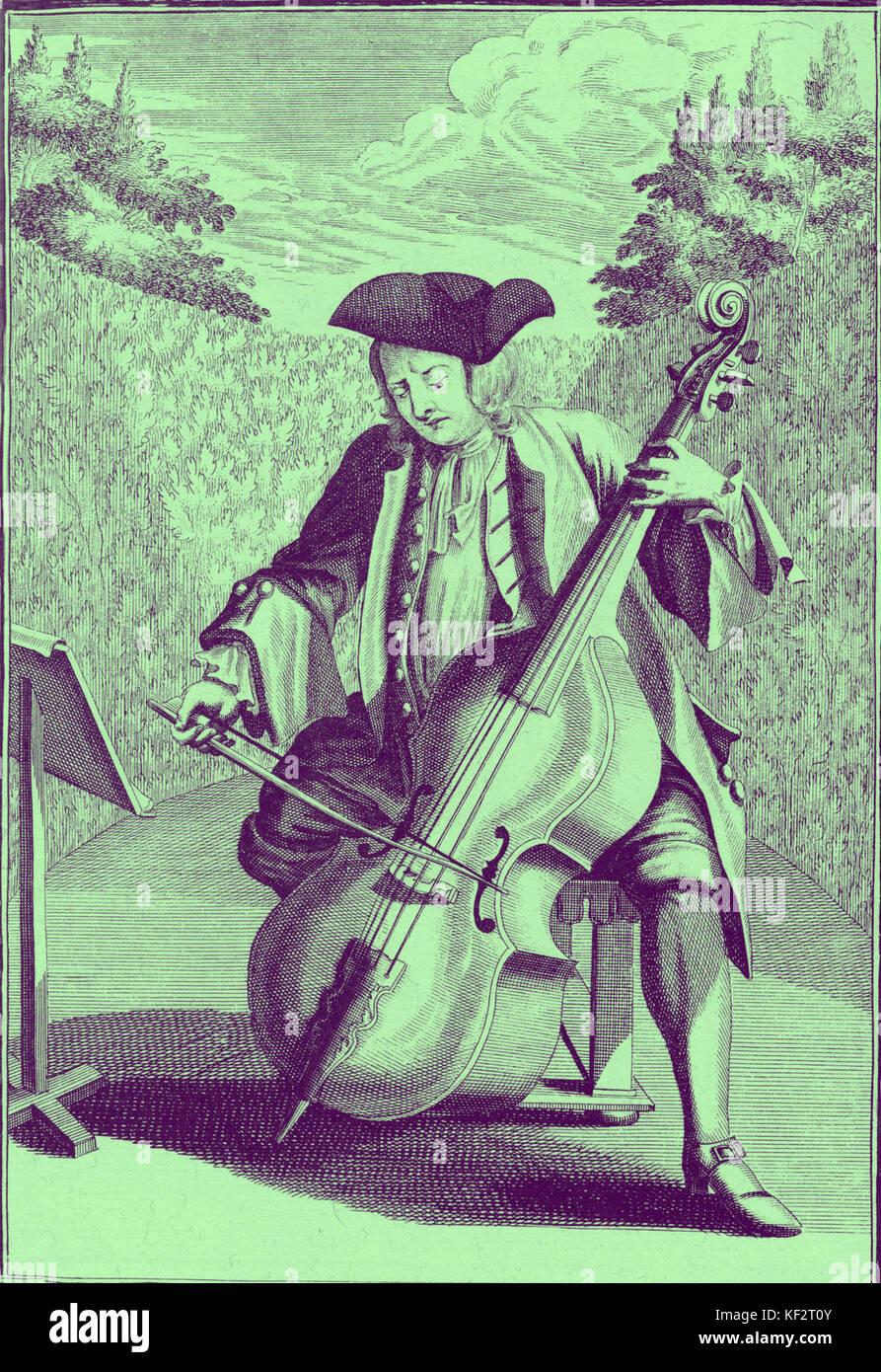 Man playing cello. Engraving by J. C. Weigel (1661-1726) from 'Musicalisches Theatrum'. Late 17th century/ early 17th century. Stock Photo