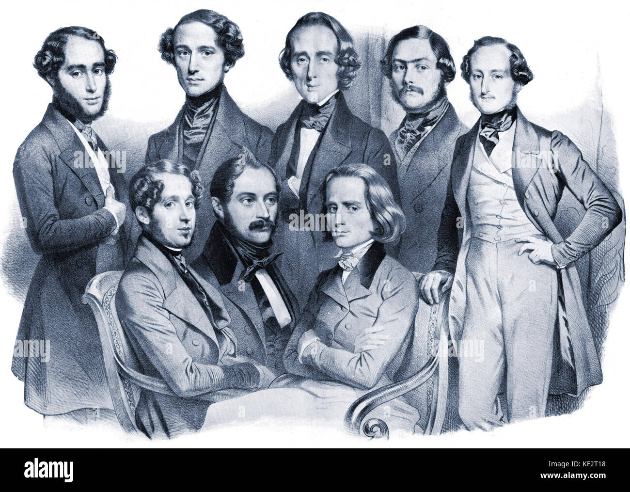 CHOPIN - Young school of Paris pianists Lithograph by Maurins. Standing l.  to r. J.Rosenhain, Döhler