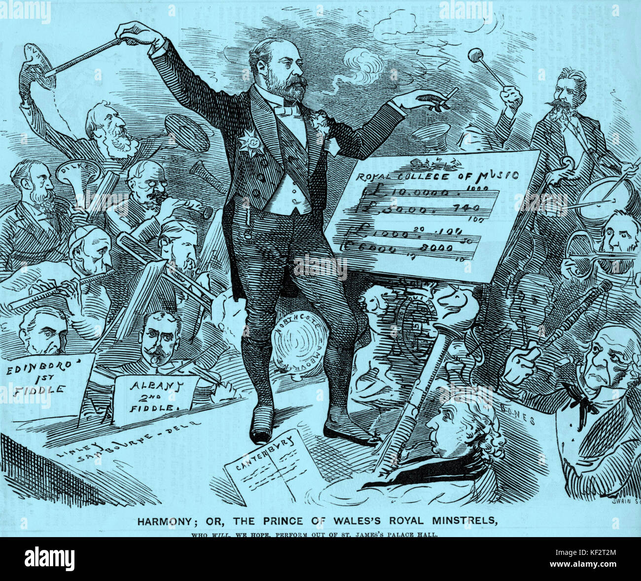 Prince of Wales conducting symbolic orchestra. Captioned: 'Harmony ; or, the Prince of Wales' s Royal Minstrels who will, we hope, perform at St James's Palace Hall'.  Orchestra used as a metaphor.  Sketch from Punch. Stock Photo